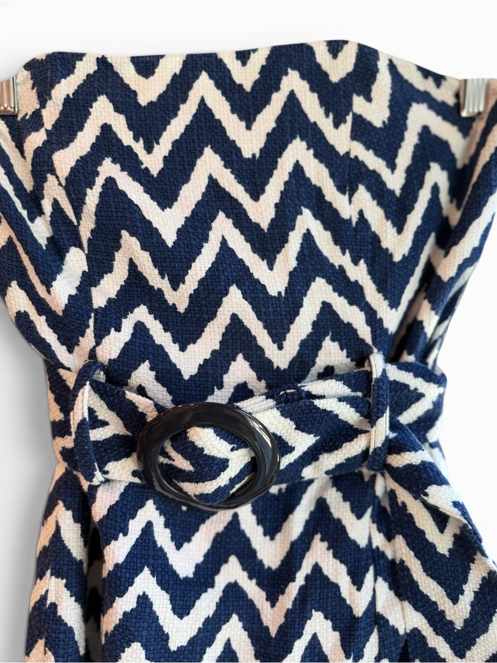 MILLY of New York Strapless Chevron Tweed Pencil Dress. Indigo Blue and White - Picture 7 of 15
